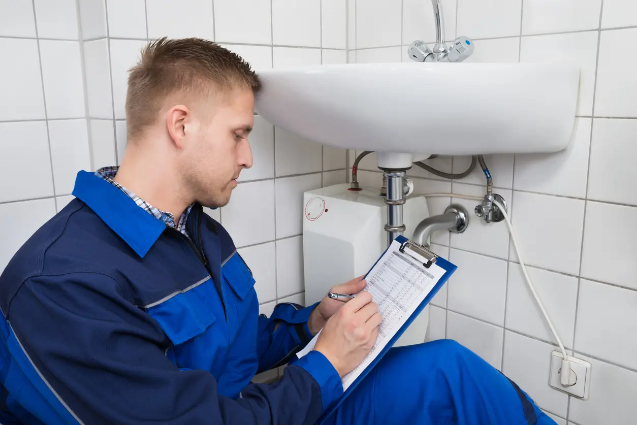 A worker inspecting household drains